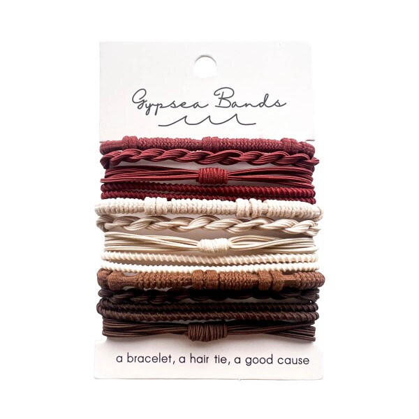 Gypsea Bands Hanalei tan, brown, cranberry red, hair tie and bracelet.